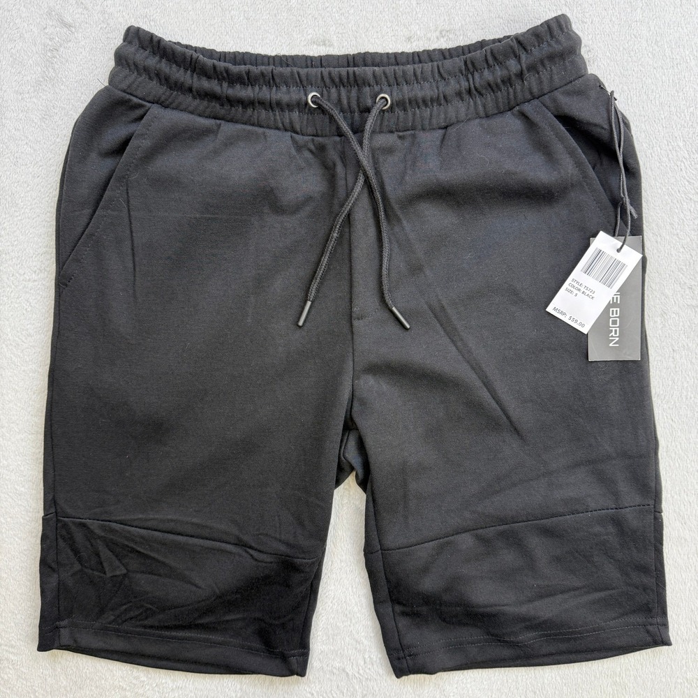 True Born Shorts Mens Small Black Knit‎ Drawstring Waist Zipper Pockets